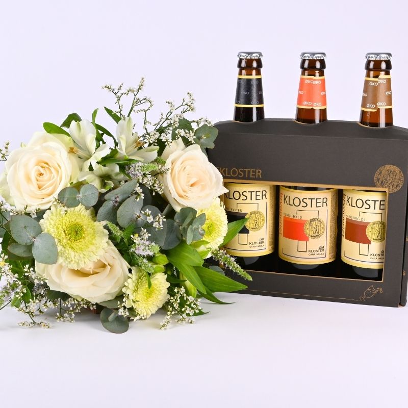 Buket og ølgave med 3 øl i æske