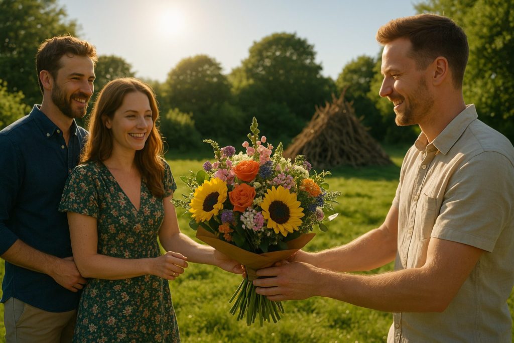Sankt Hans aften står et par og overrækker en mand en sommerbuket. De står udendørs og solen skinner.