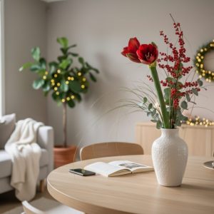 En vase med en enkel buket af en rød amaryllis, ilex og grønt. Buketten står i en hvid vase på et spisebord i en hyggelig stue.
