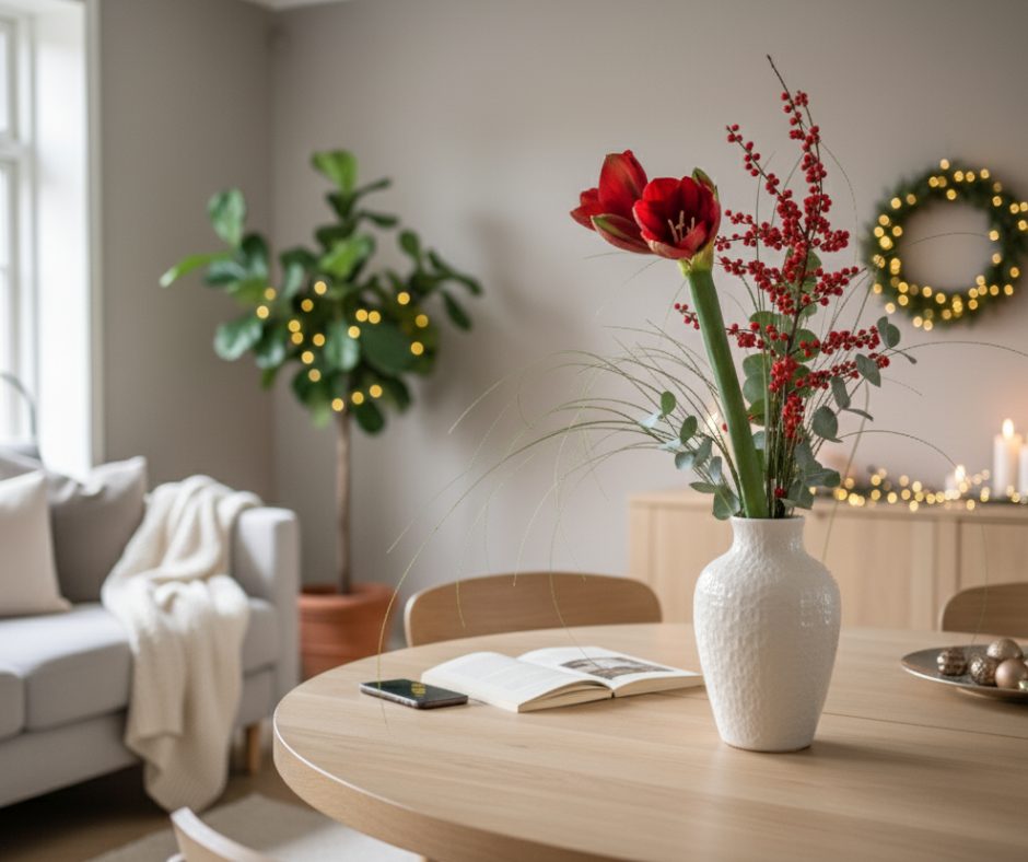 En vase med en enkel buket af en rød amaryllis, ilex og grønt. Buketten står i en hvid vase på et spisebord i en hyggelig stue.