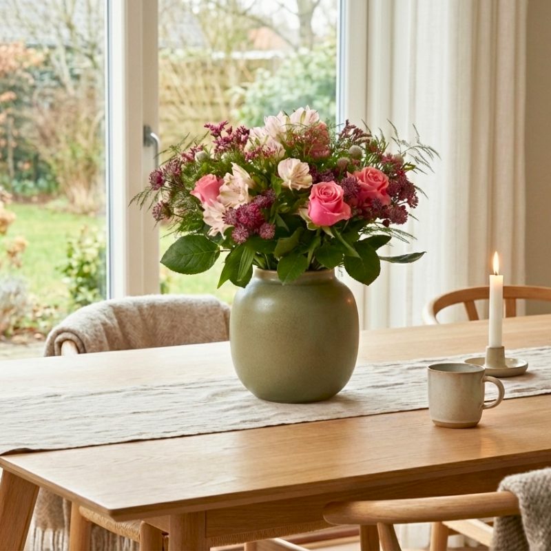 Henbrivende vinterbuket står i en grøn vase på et træspisebord i en hyggeligt hjem.