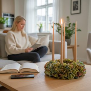 Adventskrans med hortensia står på et sofabord i en hyggelig stue.