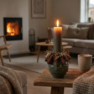 Hyggeligt kalenderlys står tændt i en hyggelig stue.