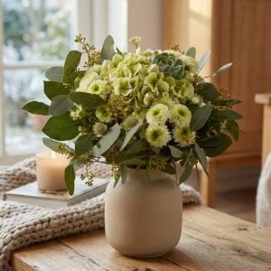 Lysende vinterbuket i hvid og grøn står på sofabord i en stue.