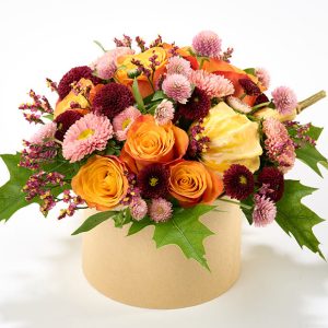 Efterårsblomster i æske, floristens valg