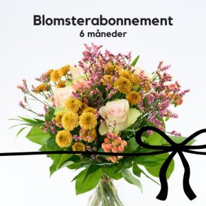 En buket i varme nuancer, hvor der ovenover står "Blomsterabonnement - 6 måneder"
