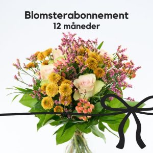 En buket i varme nuancer, hvor der ovenover står "Blomsterabonnement - 12 måneder"