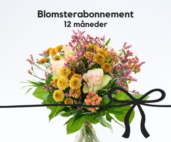 En buket i varme nuancer, hvor der ovenover står "Blomsterabonnement - 12 måneder"