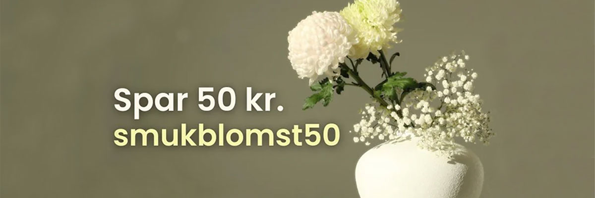 Et coverbillede af to storhovedet chrysanthemum og hvidt brudeslør i en hvid vase.