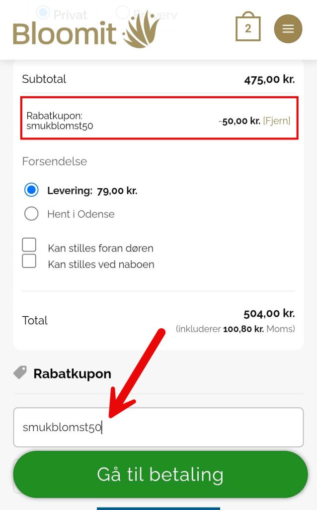 Billedet viser hvor du skal skrive din rabatkode.