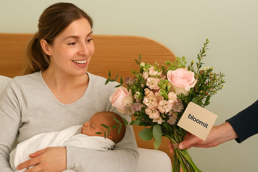 En mor, sidder i en seng, og holder en nyfødt barn. En buket bliver rakt frem til hende, hvor der er et Bloomit kort vedlagt.