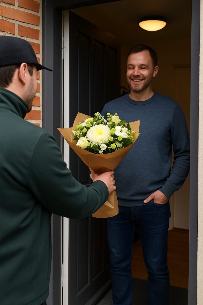Man står i døråbning og modtager en hvid buket fra en chauffør, der leverer den.