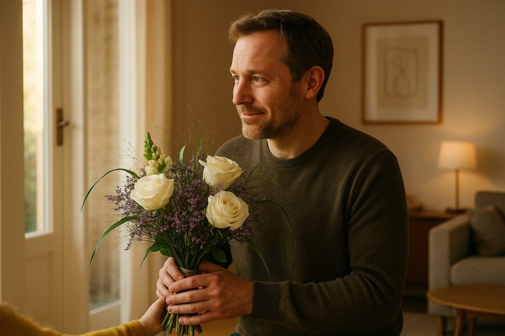 Mand modtager Far buketten 2025.