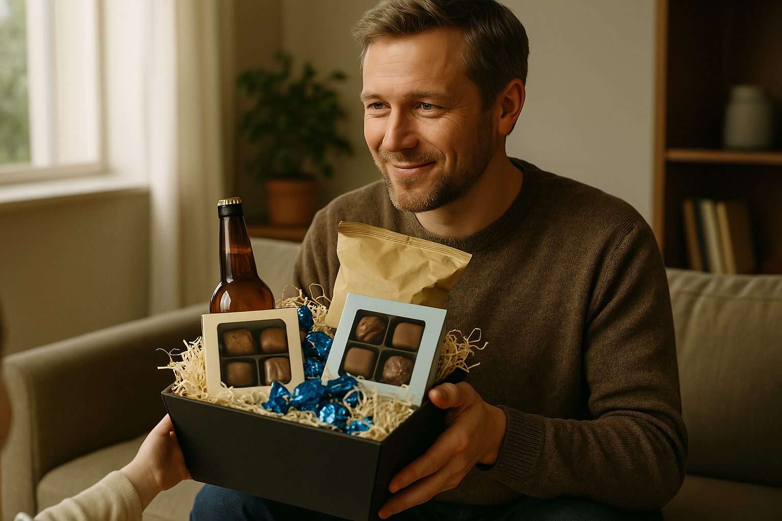 En mand modtager en gavekurv fra sit barn. Gavekurven indeholder specialøl, chips og forskelligt chokolade.