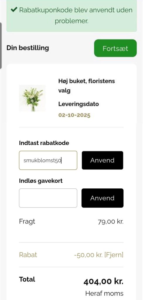Billedet viser hvordan det ser ud når man anvender en rabatkode på shoppen.