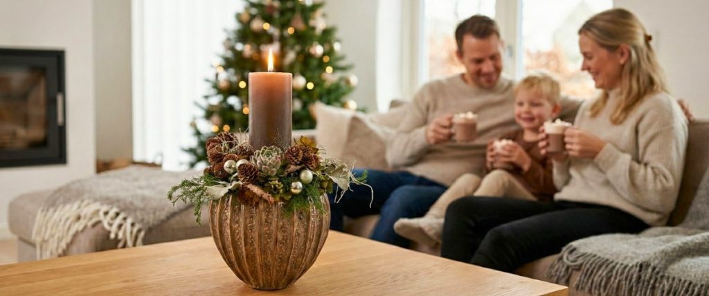 Juledekoration står på et sofabord i en stue, hvor familien sidder og hygger i sofaen.