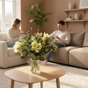 Hvid buket med amaryllis står i en gennemsigtig glasvase på et sofabord i en dansk stue. I baggrunden sidder der en mand og en kvinde i en sofagruppe.