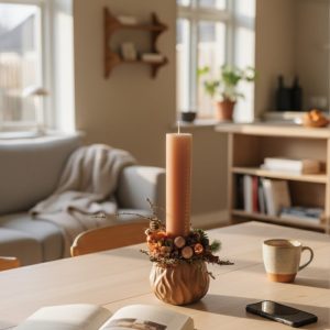 Rosafarvet kalenderlysdekoration står på spisebordet i et dansk hjem.