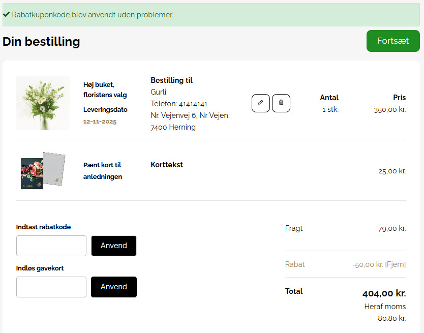 Skærmprint der viser brugen af rabatkoden.