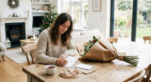 Kvinde sidder ved spisebordet og skriver en hilsen i et kort.