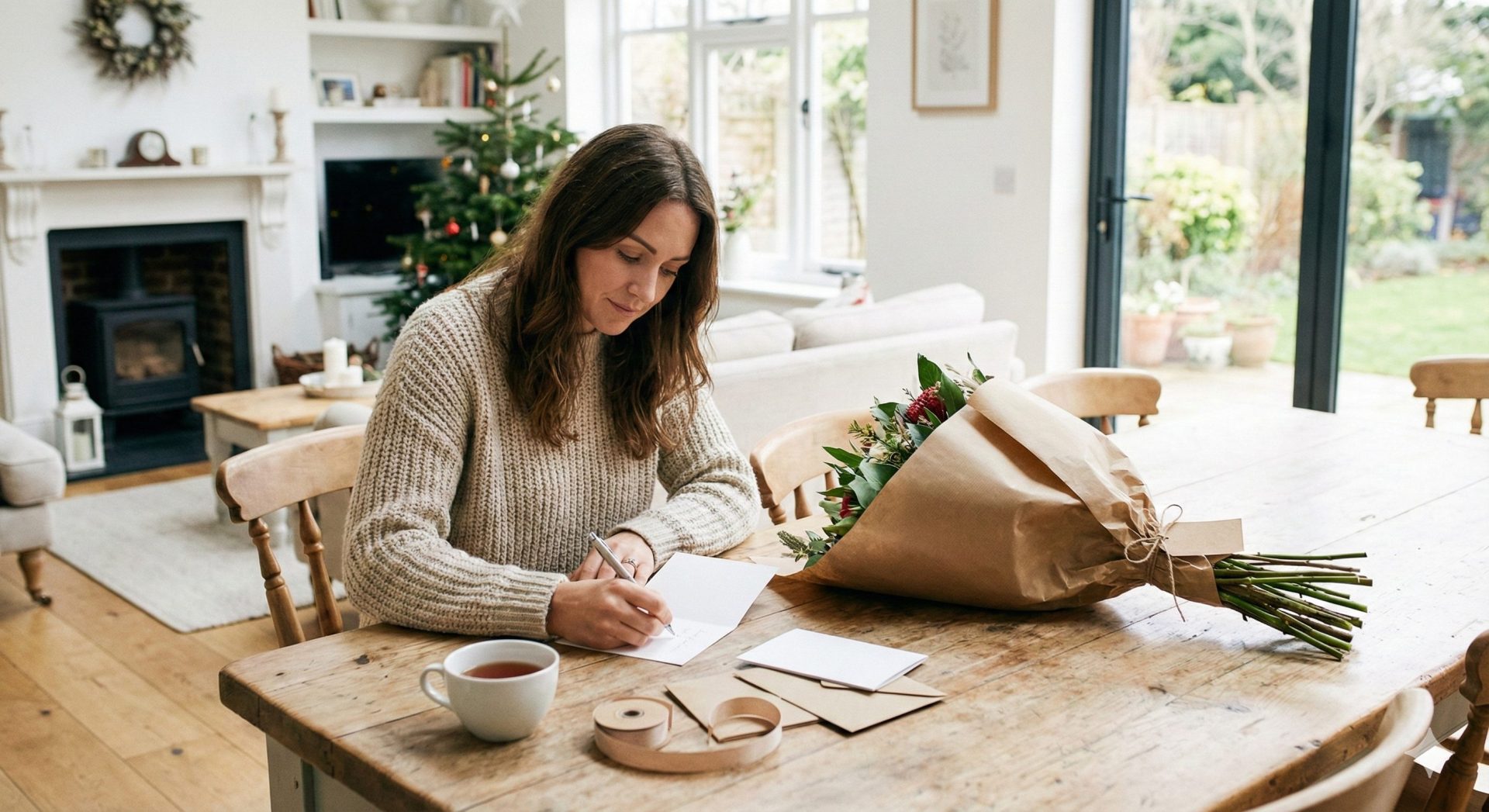 Kvinde sidder ved spisebordet og skriver en hilsen i et kort.