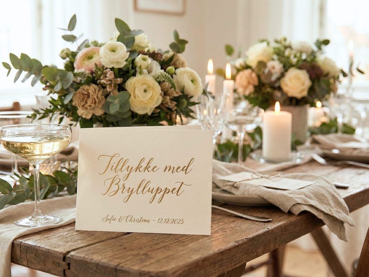 På et festligt bord, er der dækket op med smukke buketter, levende lys, og i forgrunden står der et bryllupskort.