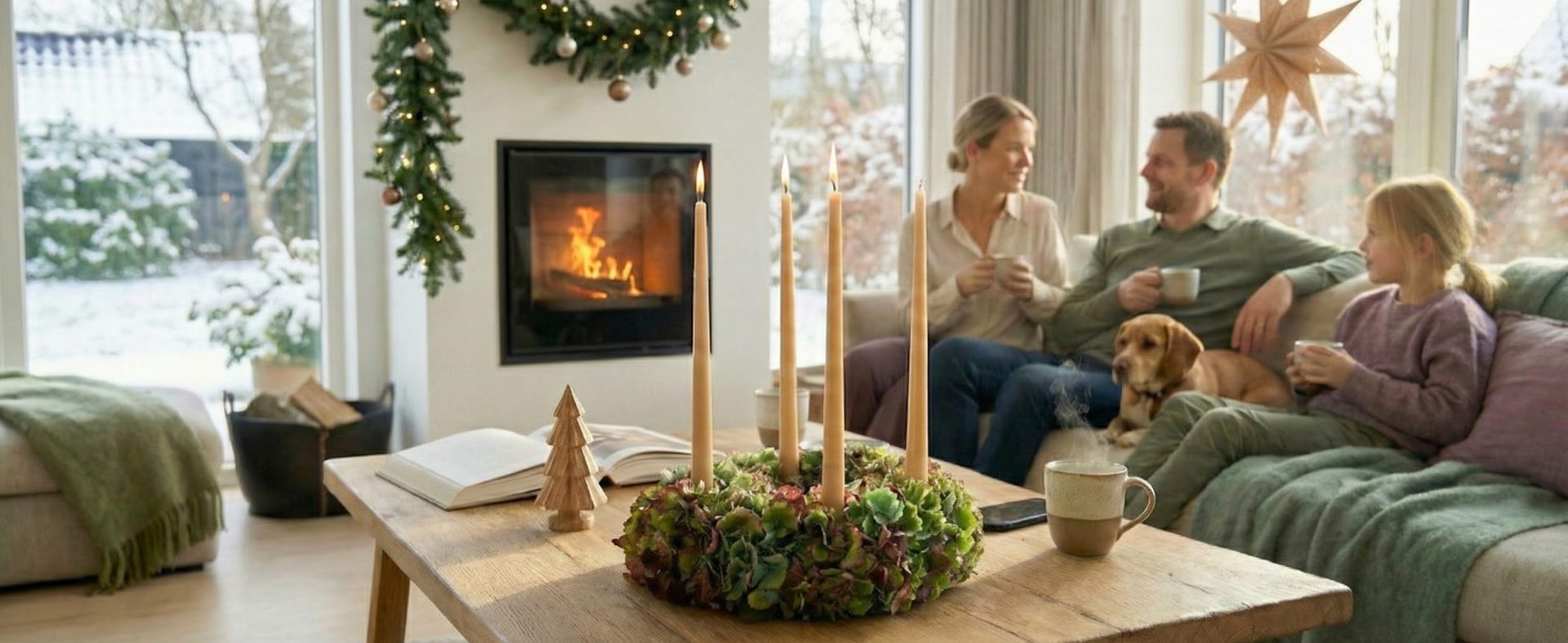 Adventskrans står på et sofabord i en stue, hvor en familie sidder og hygger i sofaen.