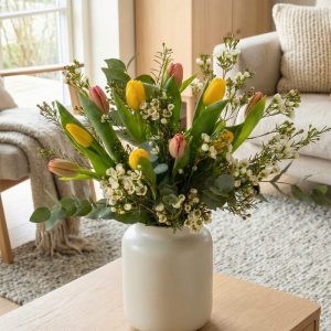 Tulipanbuket, der står på et sofabord.