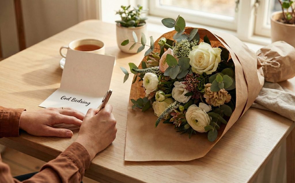 Person sidder og skriver en god bedring hilsen i et kort. Ved siden af ligger der en buket blomster pakket til gave.