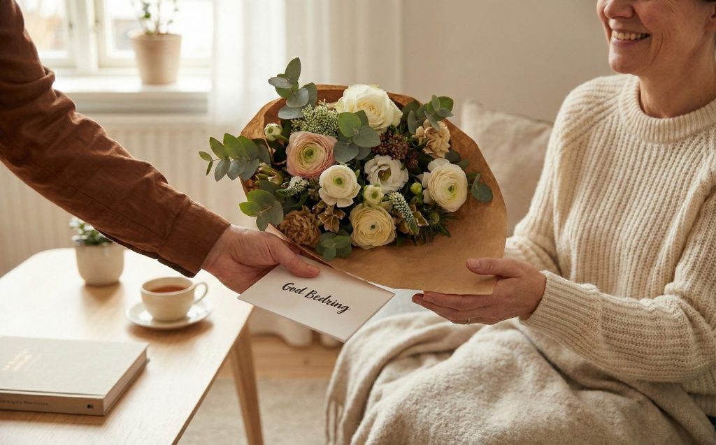 Buket og god bedring kort overrækkes til en kvinde, der sidder i en sofa i en stue.