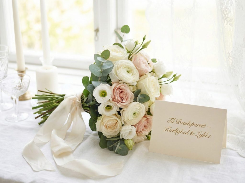 Et kort til brudeparret står ved siden af en brudebuket.
