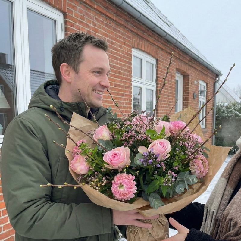 En lyserød forårsbuket pakket i brunt papir bæres af en mand udendørs.