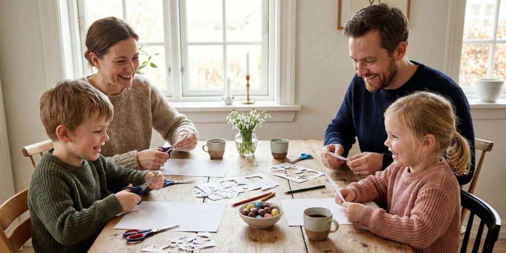 En familie sidder omkring et bord og hygger sig med at klippe gækkebreve.