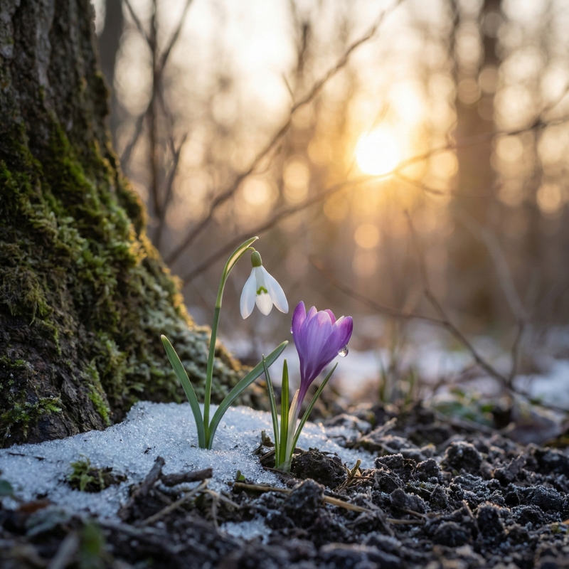 En vintergæk og en krokus, der er spiret frem af vinterjorden i en skov.