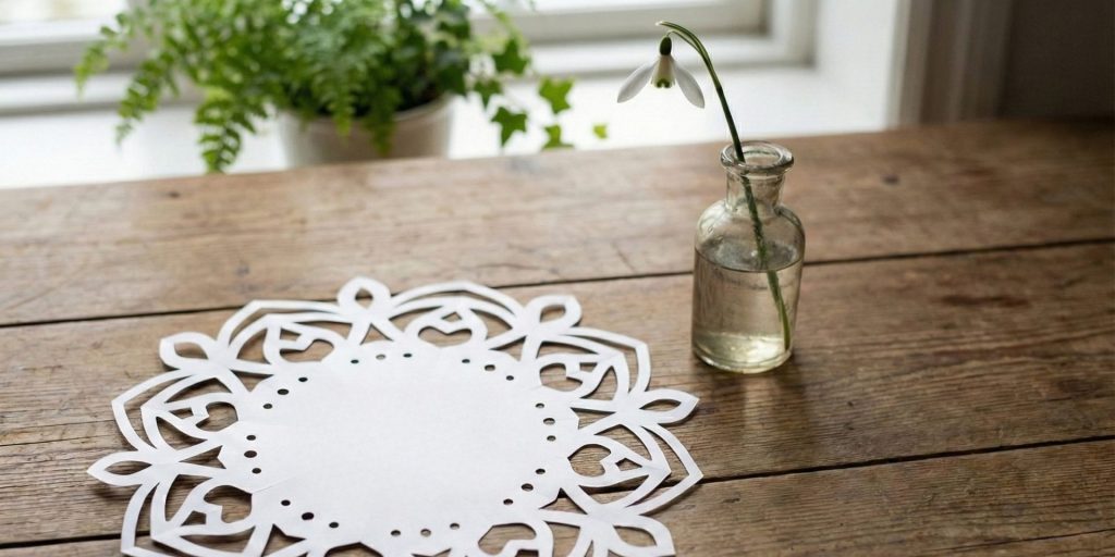 Et gækkebrev på et træbord, hvor der ved siden af står en lille glasvase med en enkelt vintergæk i.