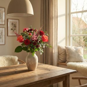 Rød buket i hjemlig miljø.