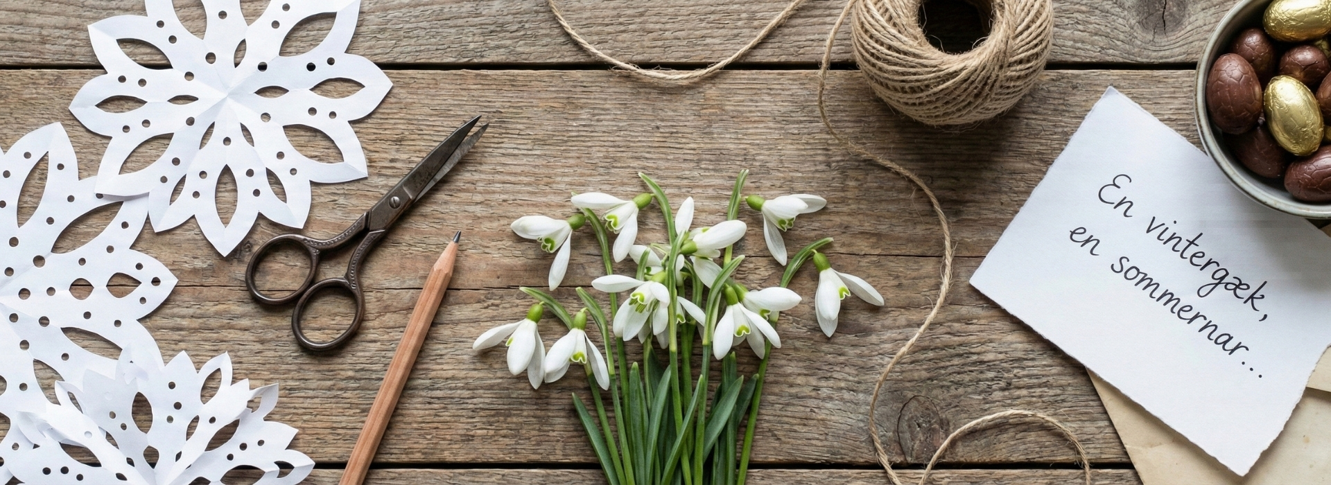 Vintergækker ligger på et bord sammen med saks, blyant, gækkebreve og andre kreating.