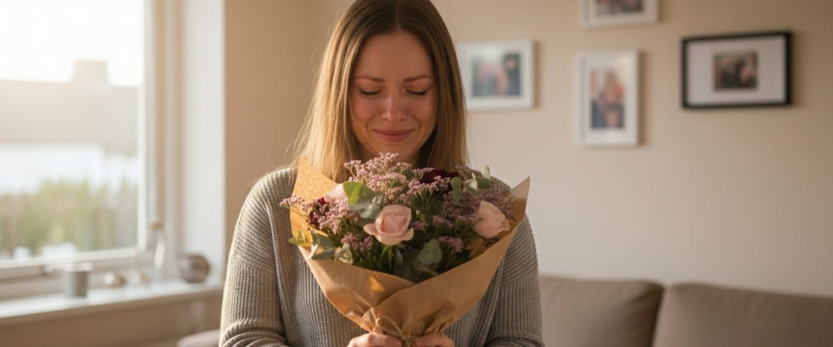 En kvinde står med en indpakket buket i hænderne., Hun smiler og er synligt rørt.