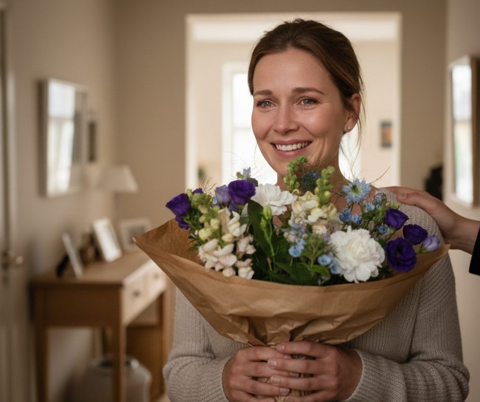 En kvinde står med en indpakket buket i hænderne., Hun smiler og er synligt rørt.