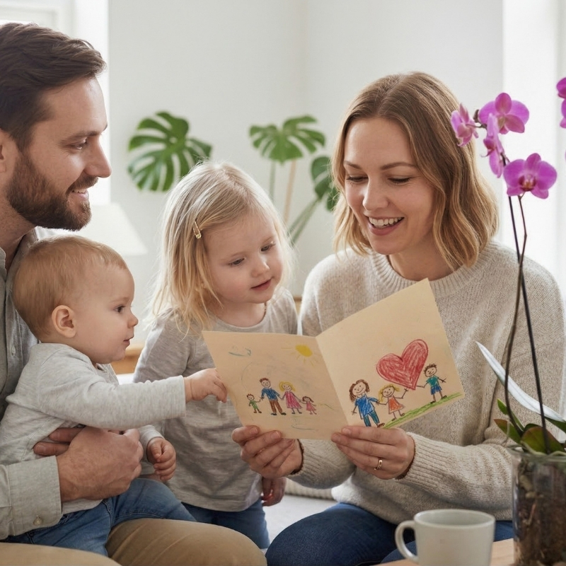 En kvinde læser et kort sammen med en mand og to små børn ved siden af.