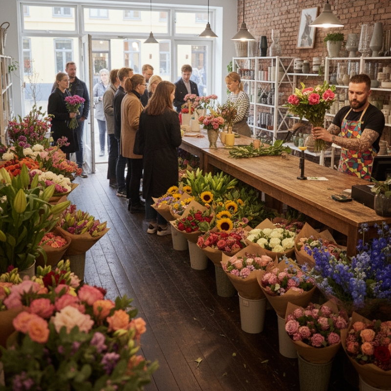 En blomsterbutik, hvor kunderne står i kø i butikken.