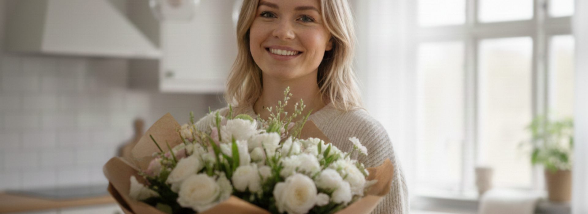 En kvinde står i et køkken og smiler med en buket i hånden.