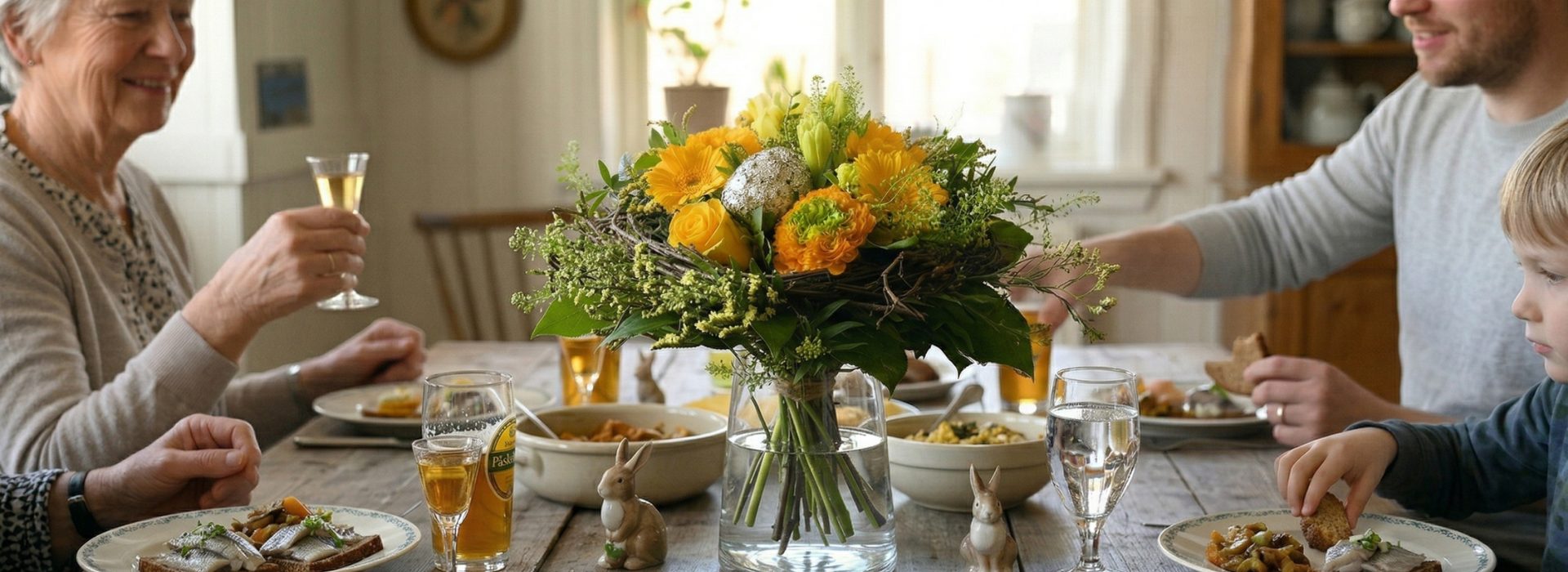 Hyggeligt påskebord med en smuk, gul påskebuket.