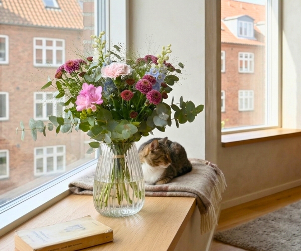 Buket står i en vindueskarm.