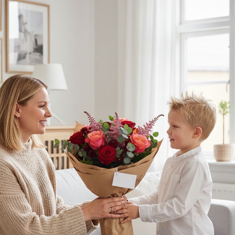 En kvinde modtager en buket fra en dreng.