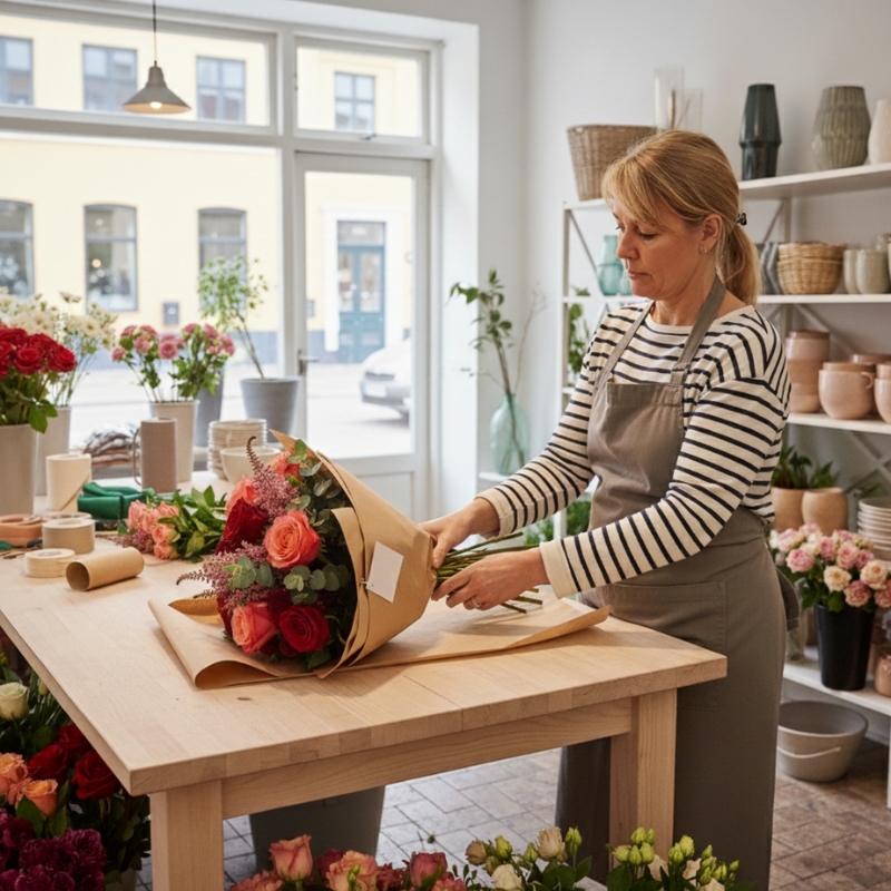 Florist pakker en buket ind.