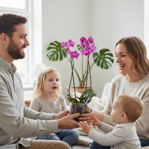 En kvinde modtager en orkidégave hjemme i stuen.