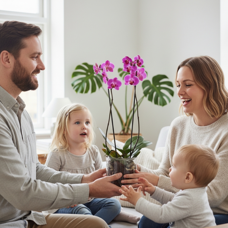 En kvinde modtager en orkidégave hjemme i stuen.