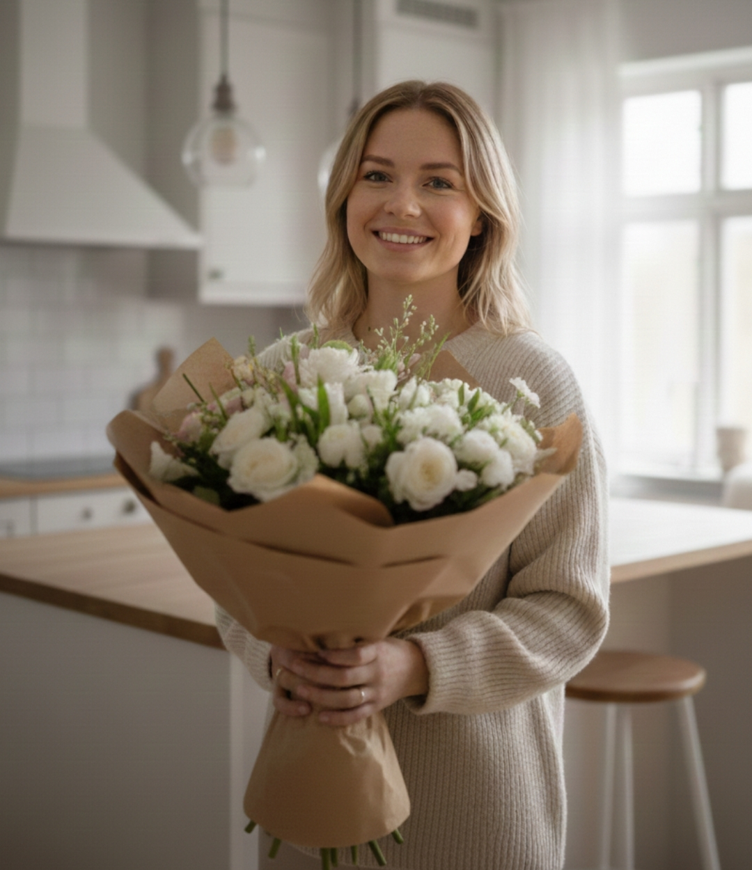 En kvinde står i et køkken og smiler med en buket i hånden.