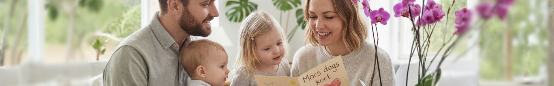 En mand og en kvinde sidder sammen med to små børn og læser i et mors dags kort.